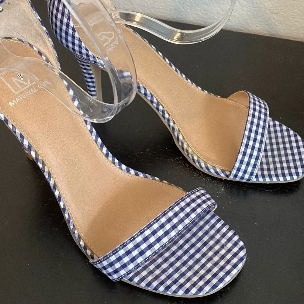 Material Girl Gingham Checkered Plaid Heels Size 9 Navy Blue White Coquette